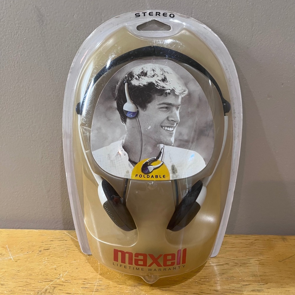 Vtg Maxell HP-200F Foldable Light-weight Stereo Headphones White Blue New 190318